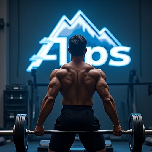 Motiviertes Mitglied beim Heben einer Langhantel mit Alpen-Symbol im Hintergrund