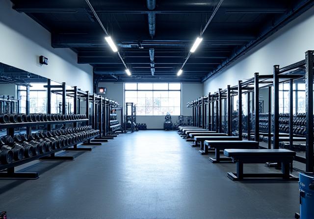 Weitläufiger Krafttrainingsbereich mit Hantelbänken und Racks