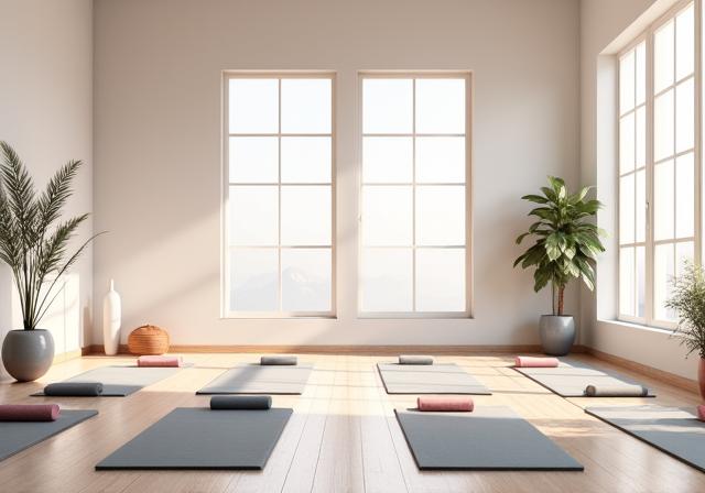 Helles und ruhiges Yogastudio mit Matten